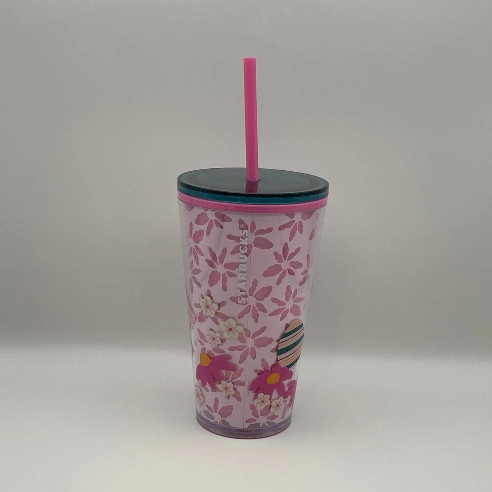 Starbucks 2023 Easter Bunny Floral Tumbler 16 oz With‎ Straw Pink Green NWT